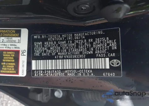 2014 Toyota Camry L из США, поврежденный, VIN 4T1BF1FKXEU832852